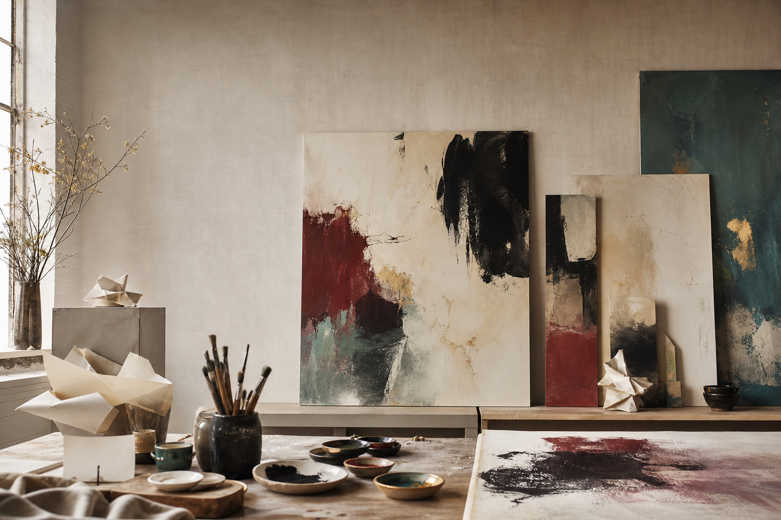 Atelier contemporain avec toiles abstraites, pinceaux et papiers sculptés